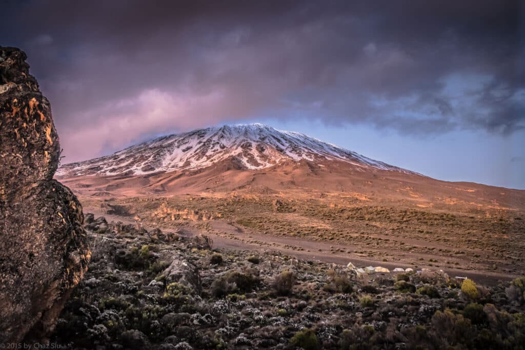 Remote Buffalo Camp Kilimanjaro with tents on pristine northern slopes and Kibo Peak visible